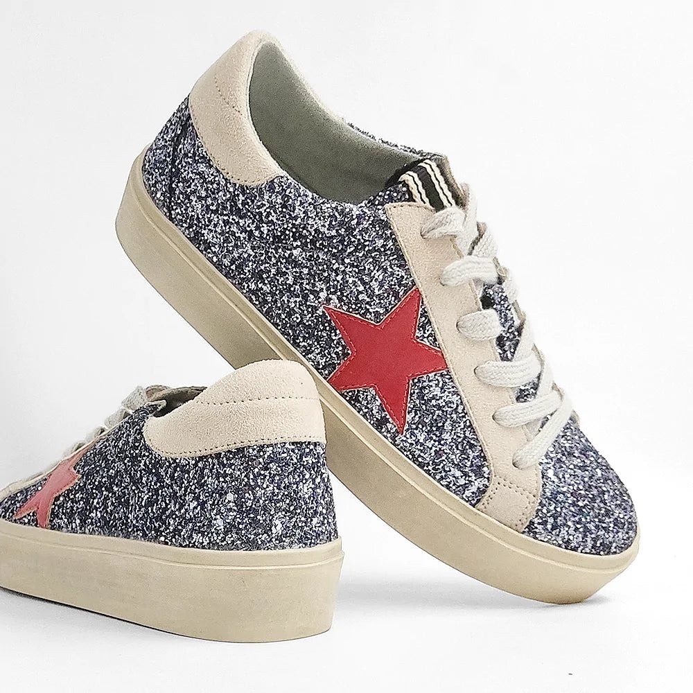 ShuShop Reba Silver Glitter Star Lace Up Platform Sneakers